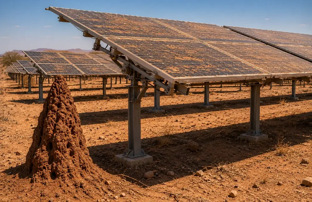 Dust-covered solar tracking panels operating in an arid UK landscape beside a large termite mound