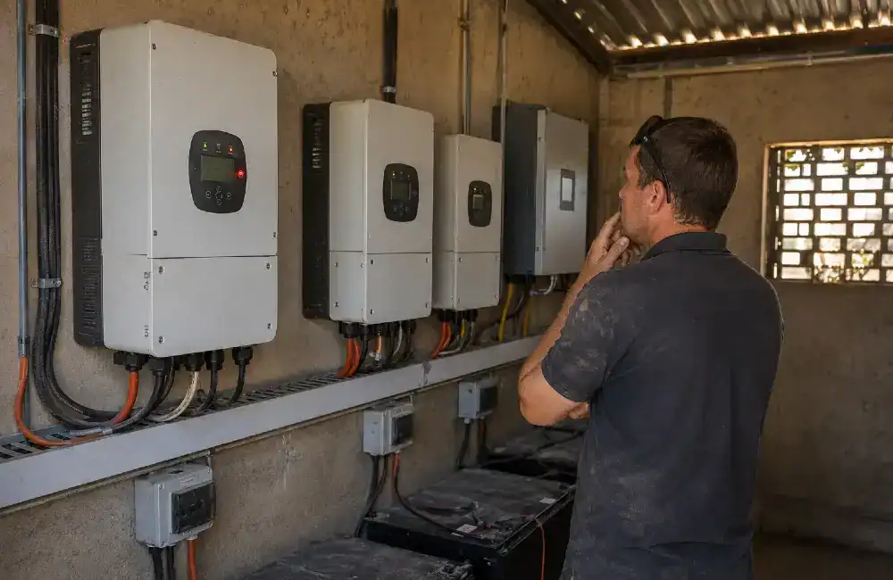 Technician inspecting multiple solar inverters inside a dusty commercial inverter room in the UK with visible electrical wiring and battery systems
