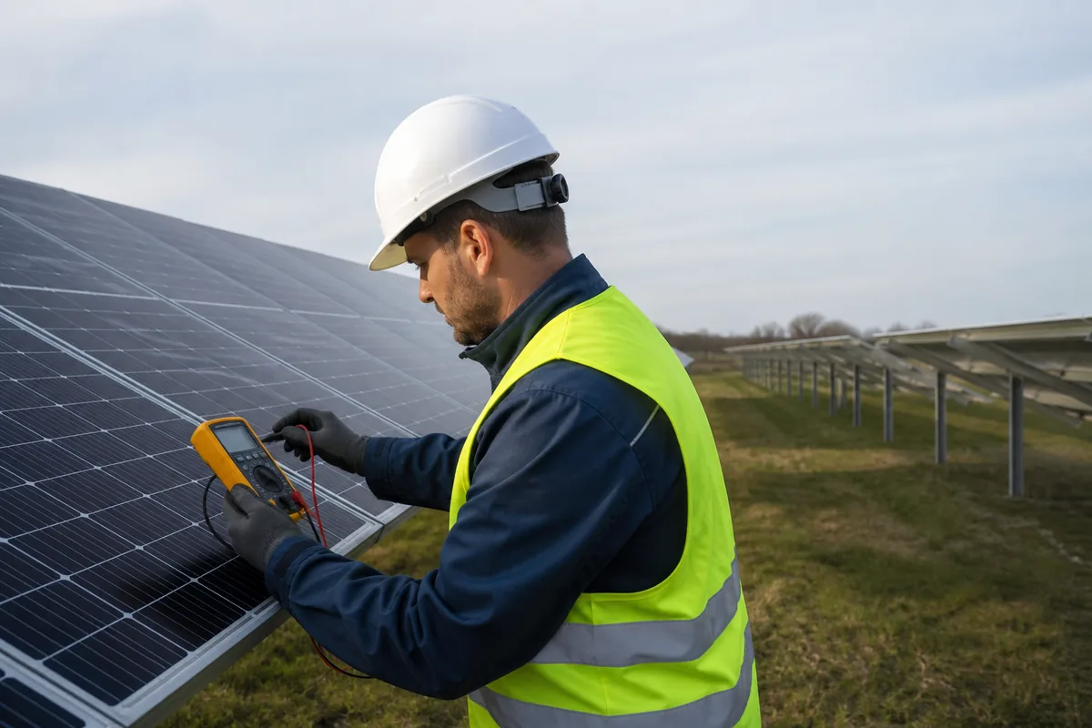 UK solar technician testing solar panel performance at a solar farm