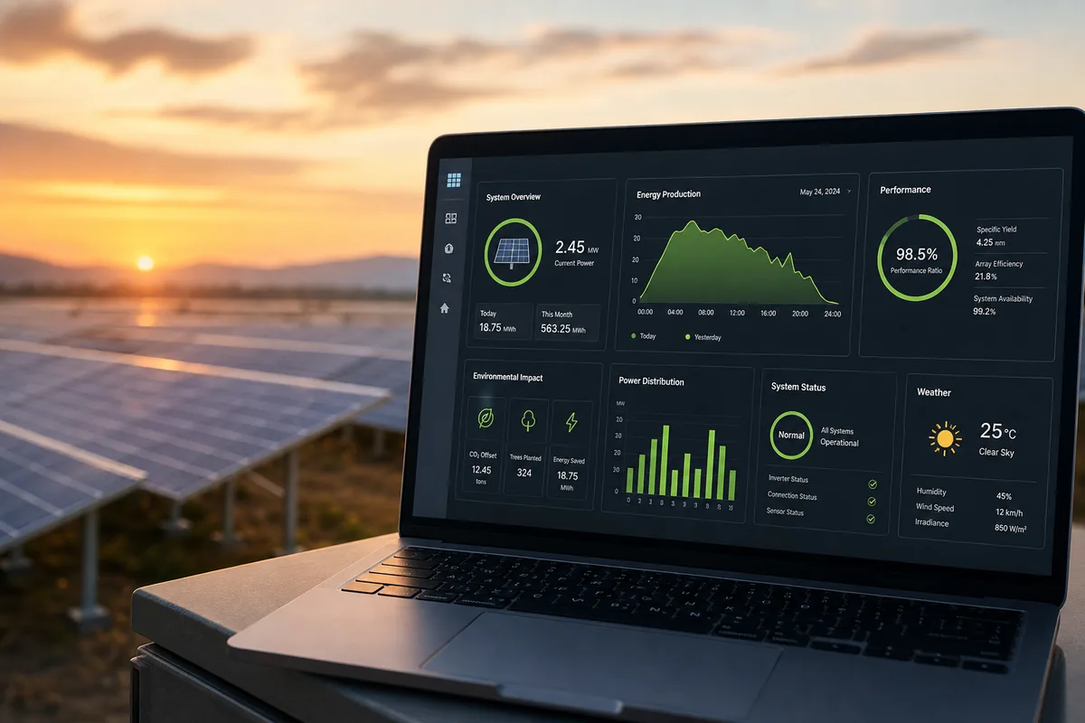 Solar monitoring dashboard displayed over a UK solar farm landscape at sunset