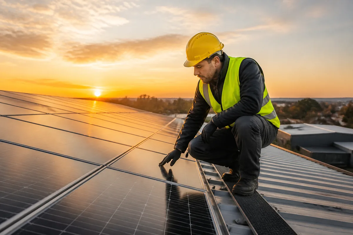 Solar technician performing maintenance on rooftop solar panels at sunset